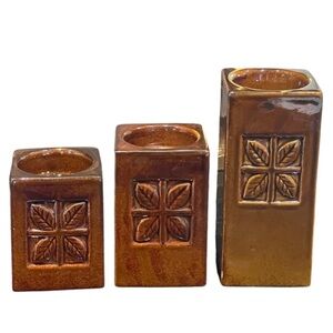 3 Vintage MCM candle holders. Pillar votive candle holders. Glazed ceramic brown